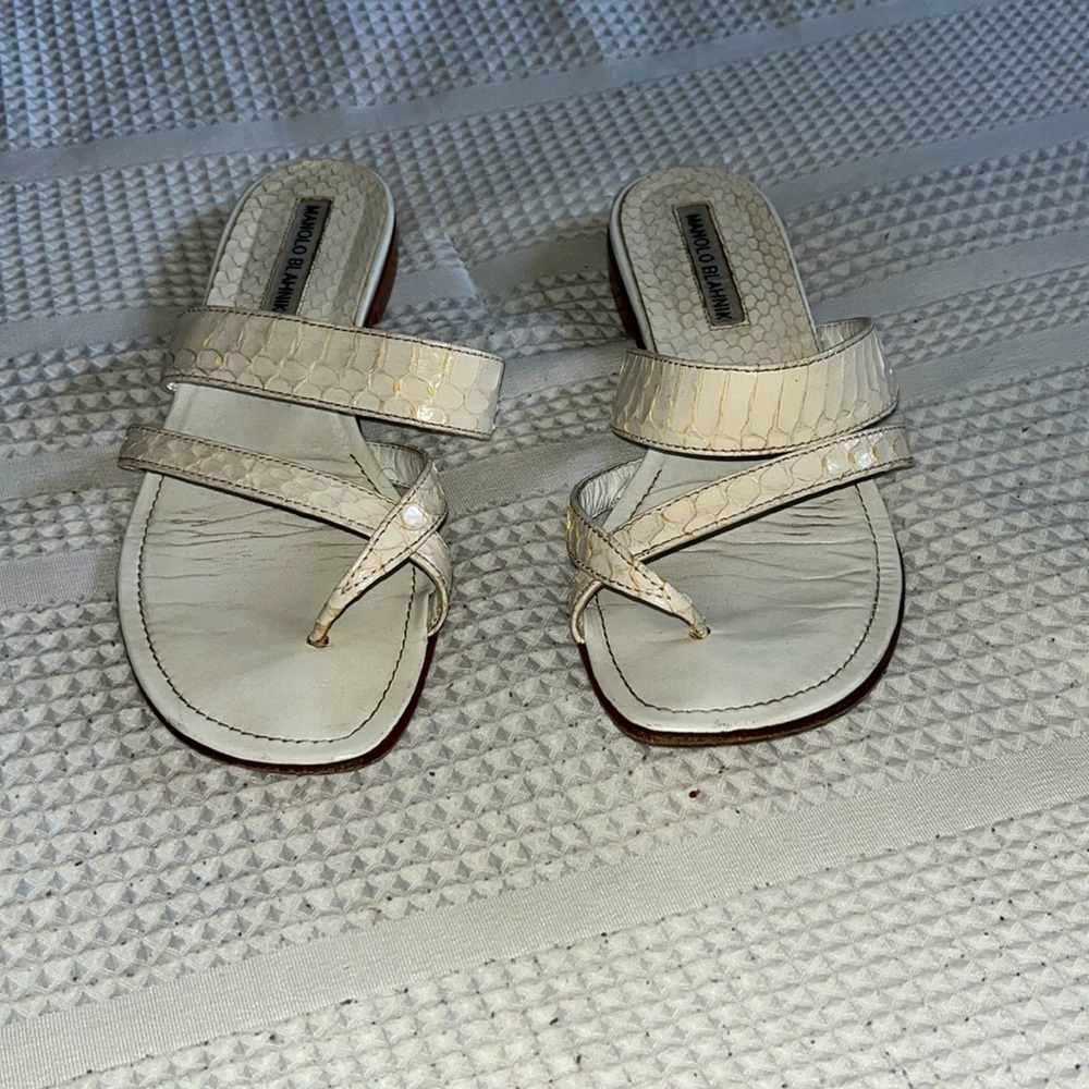 White Manolo Blahnik snake skin sandals